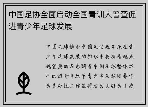 中国足协全面启动全国青训大普查促进青少年足球发展 中国足协全面启动全国青训大普查促进青少年足球发展