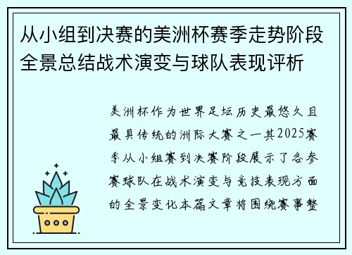 从小组到决赛的美洲杯赛季走势阶段全景总结战术演变与球队表现评析