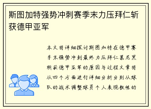 斯图加特强势冲刺赛季末力压拜仁斩获德甲亚军